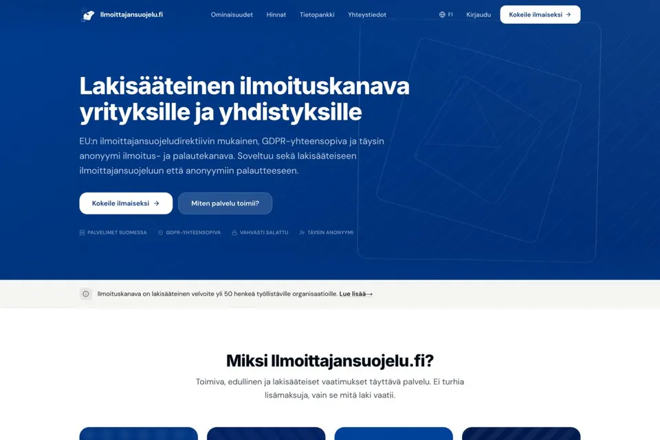 Kuvakaappaus Ilmoittajansuojelu-palvelun etusivusta