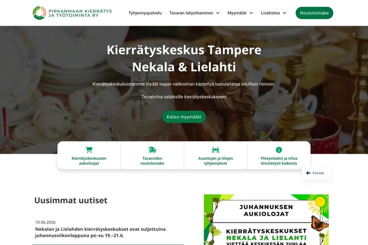Kuvakaappaus Pirkanmaan kierrätyskeskuksen sivustosta
